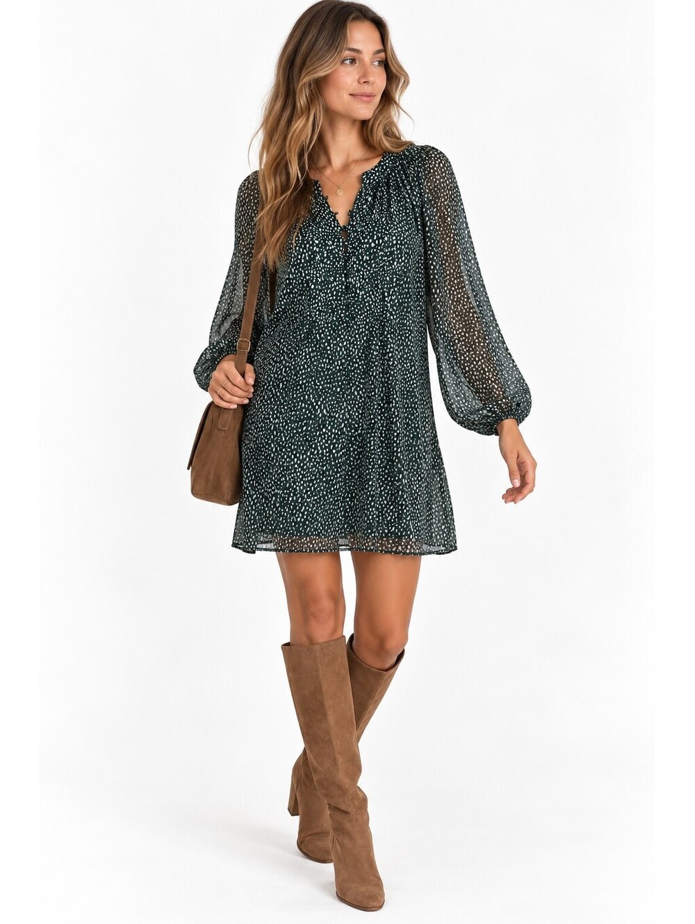 Joie Green Animal Spot Chiffon Mini Dress Boho Balloon Sleeve Romantic Large